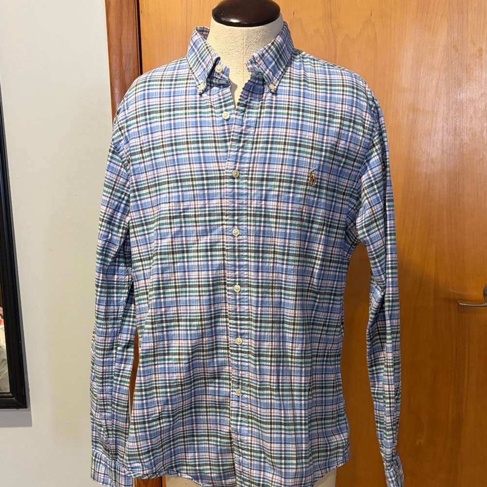 Men's Ralph Lauren Slim Fit Stretch Oxford Size L Blue Plaid Shirt